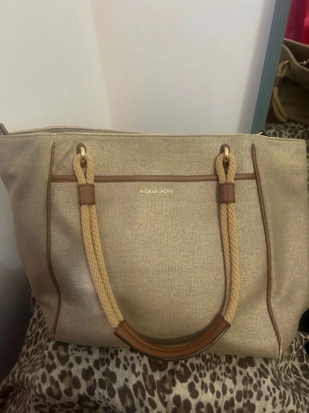 MICHAEL KORS Talia large cotton Metallic Gold Tote with Tan Rope Handles